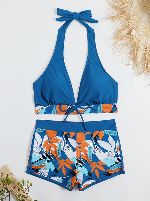 2023 Halter Bikini Set Short Swimsuit Women High Waist Swimwear Female Printed Bathers Swimming Bathing Swim Suit Beachwear