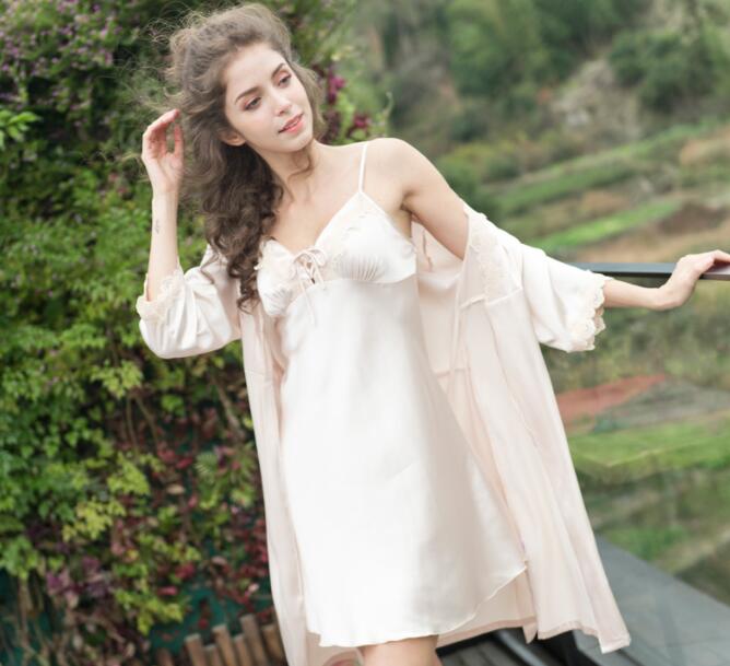 Summer two-piece women's suspender nightdress silk satin nightgown home service
