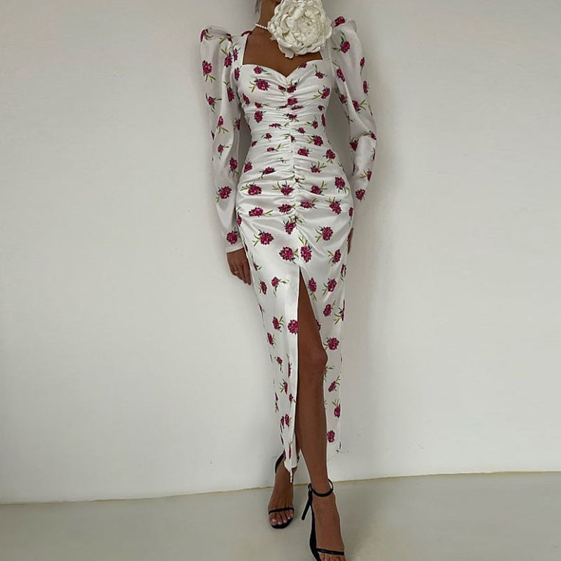 Women's Long Sleeve Bodycon Dress Elegant Drape Square Neck Party Dress Casual Floral Print Slim Dress