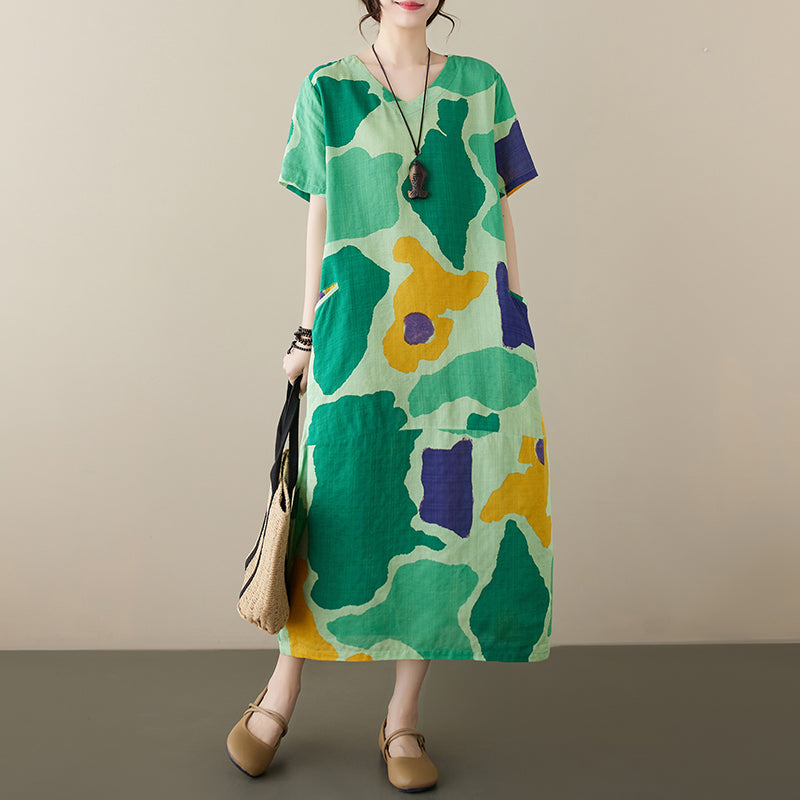 Women's summer new cotton and linen printed short-sleeved dress retro style age-reducing large size pullover V-neck mid-length skirt