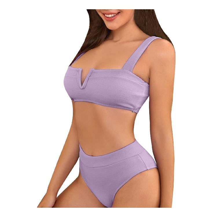Women's High Breast Contrast Gradient Split Bikini Set One Piece Swimsuit Deep V Adjustable Shoulder Beachwear Bathing Suit