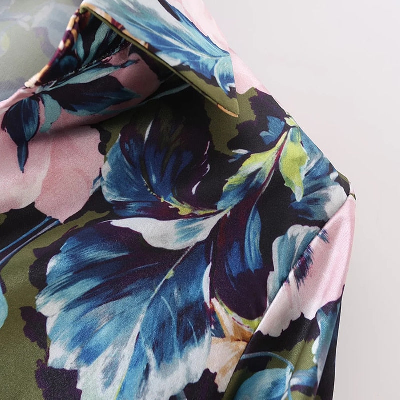 المرأة بوهو نمط الأزهار طباعة فستان قصير عادية بدوره إلى أسفل طوق فانوس فستان بكم طويل الإناث الجانب القوس تعادل فساتين 