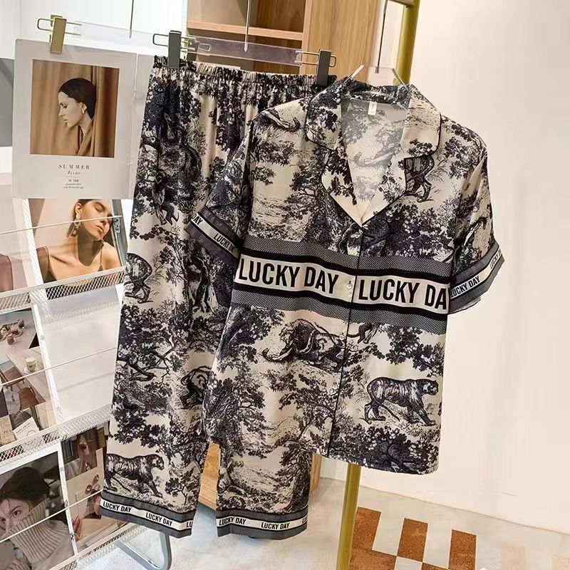 Pajamas summer short-sleeved trousers ice and snow silk ink painting suit ice silk  large size home clothes