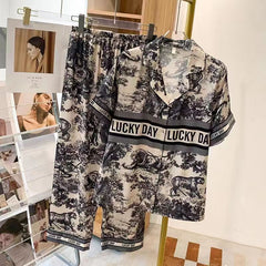 Pajamas summer short-sleeved trousers ice and snow silk ink painting suit ice silk  large size home clothes