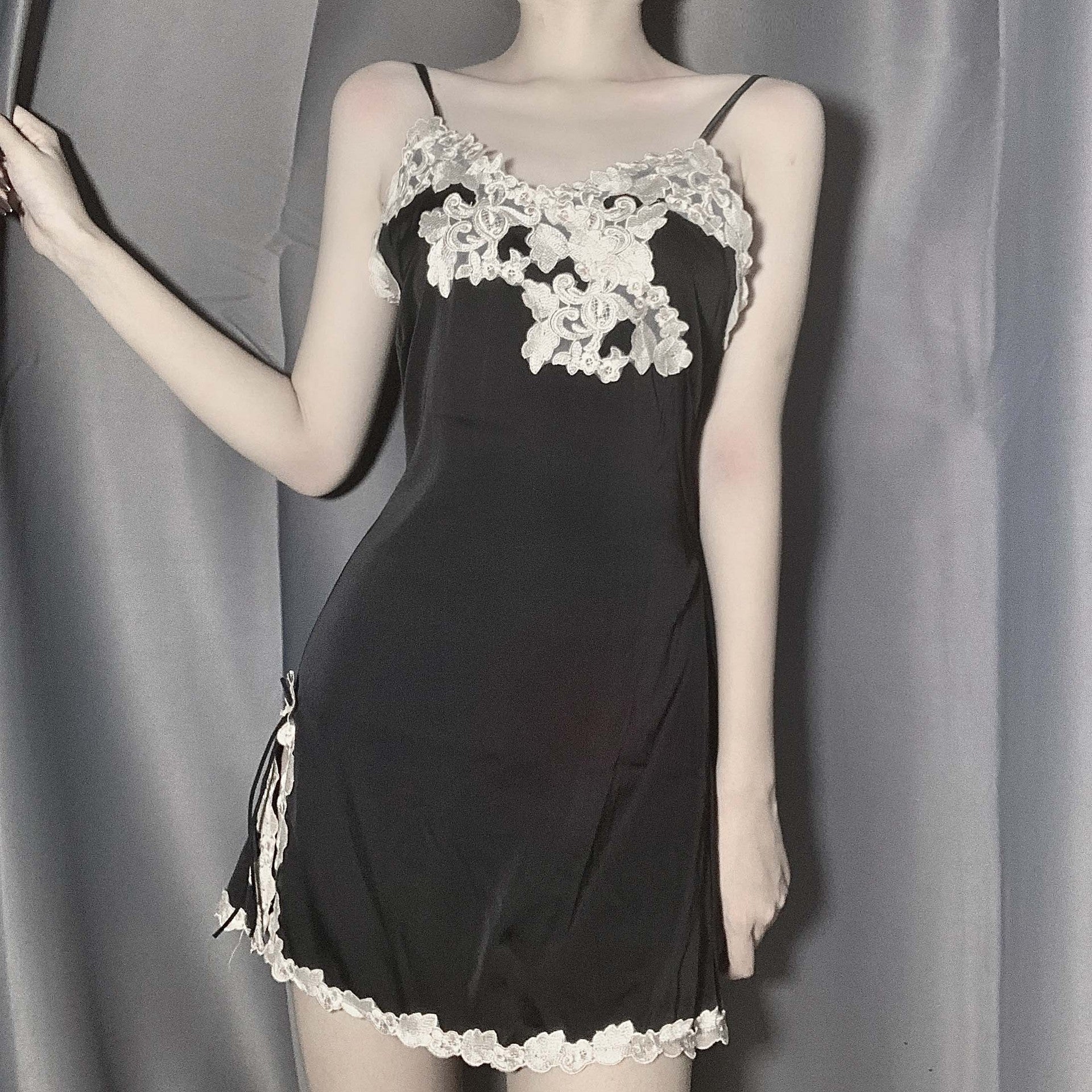 Ladies Fashion Lace Stitching Simulated Silk Homewear Nightdress J2JX1014YML