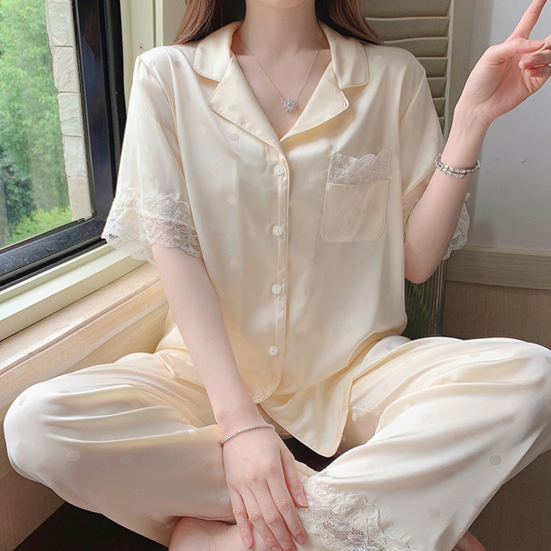 Summer women's short-sleeved trousers gentle wave dot lace women's pajamas  silk home service suit