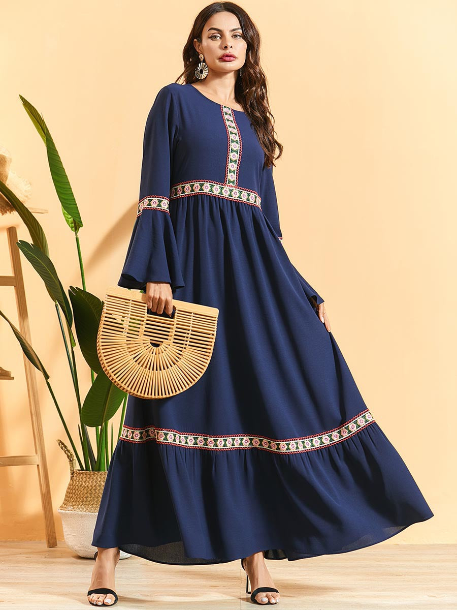 9492 Plus Size Women Lace Flared Long Sleeve Pleated Boho Dress Fashion Robe