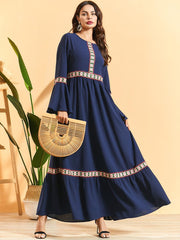 9492 Plus Size Women Lace Flared Long Sleeve Pleated Boho Dress Fashion Robe