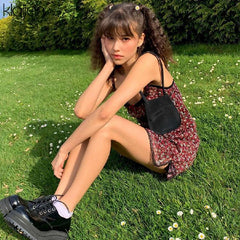 فستان قصير نسائي صيفي بوهو بحزام أحمر من KLALIEN فستان نسائي أنيق لطيف على طراز الكلية كاواي نحيف وناعم منقوش عليه زهور جديد 