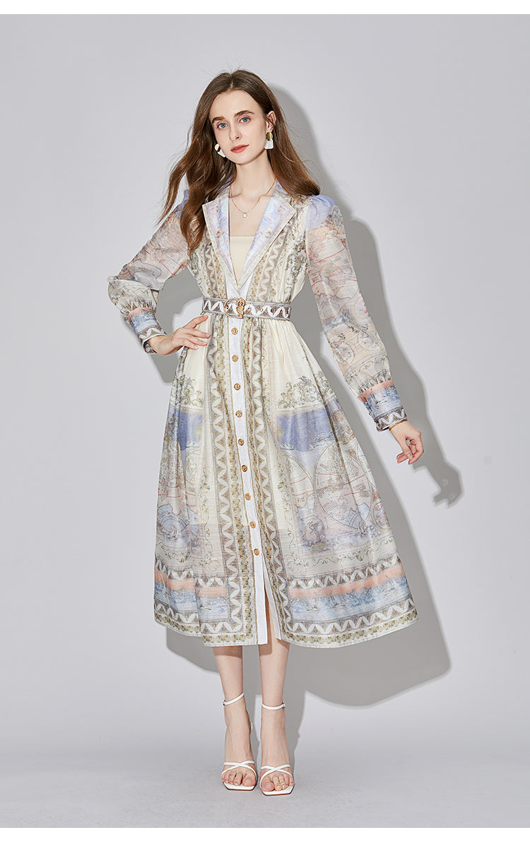 639  shot new  end silk linen long-sleeved printed court style dress with belt
