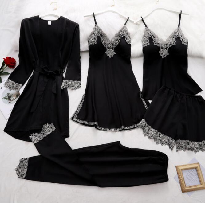 بيجامة أوروبية وأمريكية من الحرير المقلد ملابس داخلية مثيرة مكونة من خمس قطع 