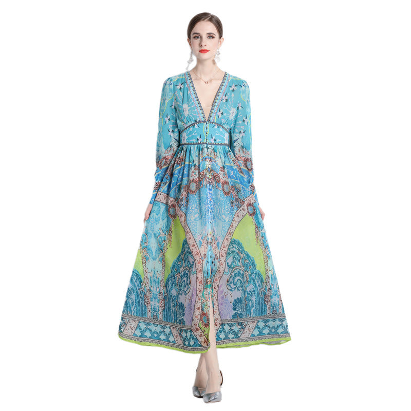 2184  shot 2023 early spring vacation style temperament design collar print long sleeve waist waist dress