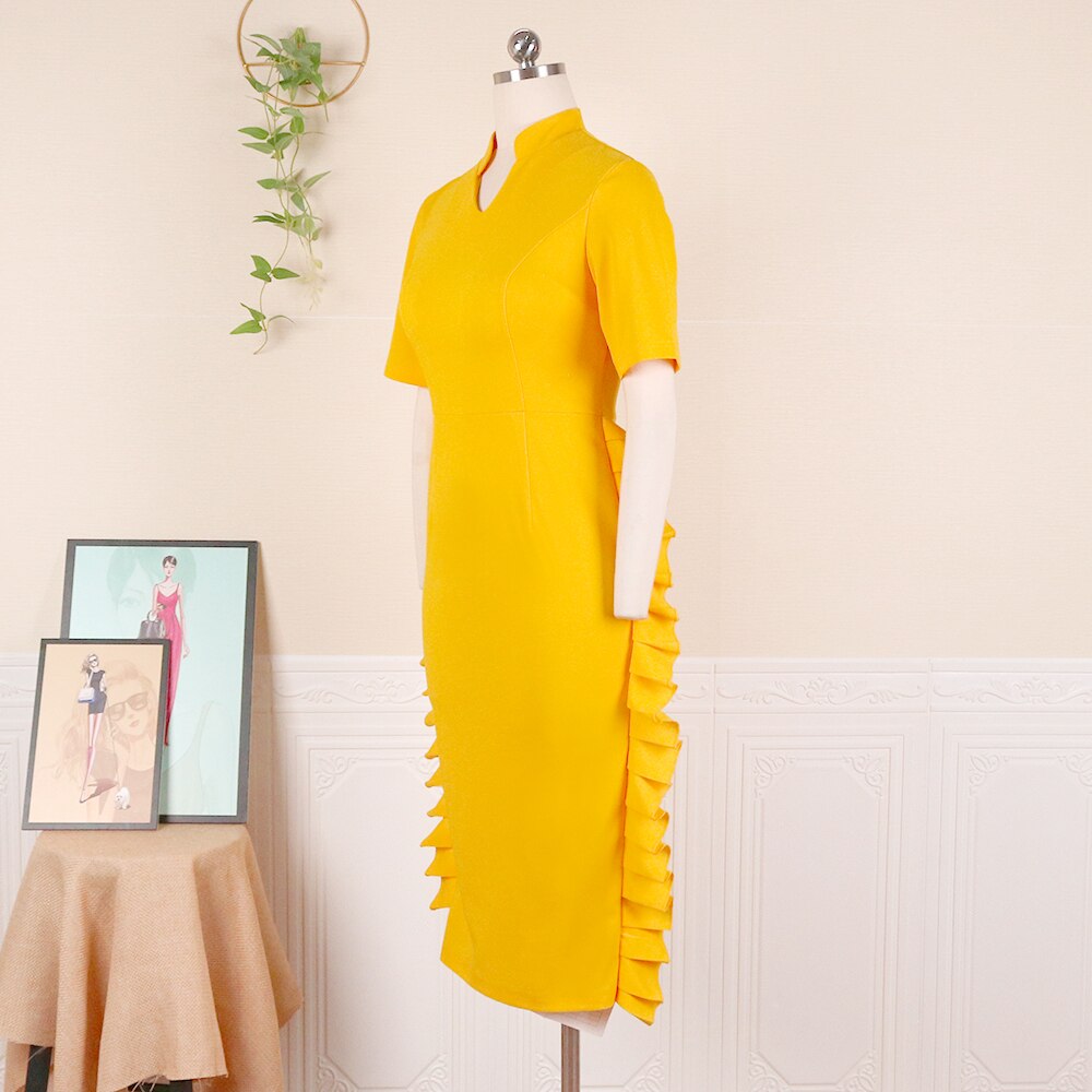 Women Bodycon Dress Short Sleeve High Waist V Neck Ruffles Office Lady Classy Work Wear Evening Party Robe Plus Size Summer New