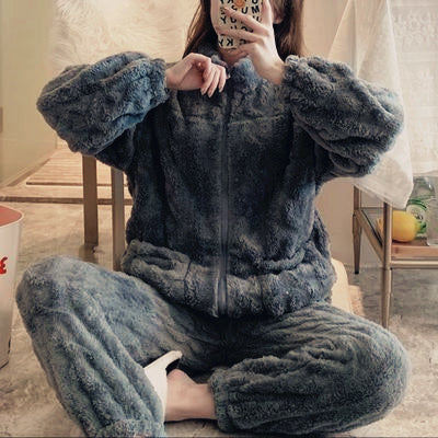 Autumn and winter women's warm solid color  cut velvet plush pajamas homewear set