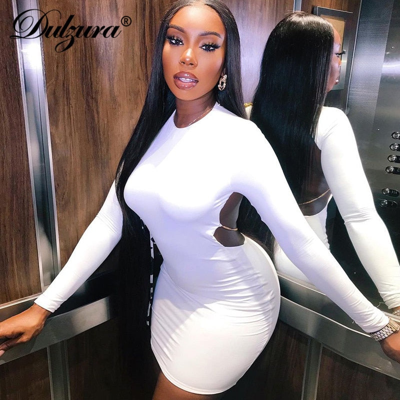 Dulzura Hollow Out Chain Women Long Sleeve Mini Dress Bodycon Sexys Streetwear Party Elegant 2020 Autumn Winter Club Solid Slim