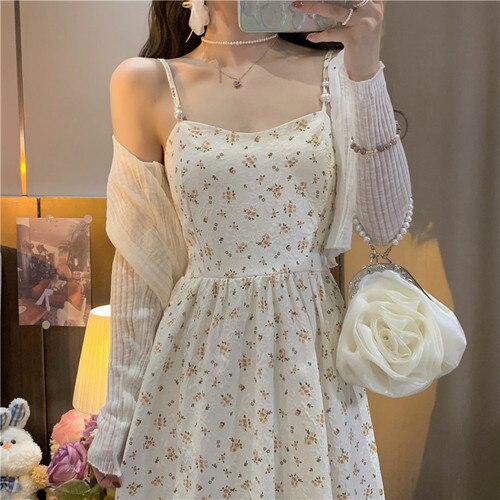 كوريا الملابس 2 قطعة مجموعة فستان المرأة سليم الأزهار فستان بحزام مكتب سيدة الشاطئ نمط بوهو أنيق ميدي فستان حفلة 2022 الصيف