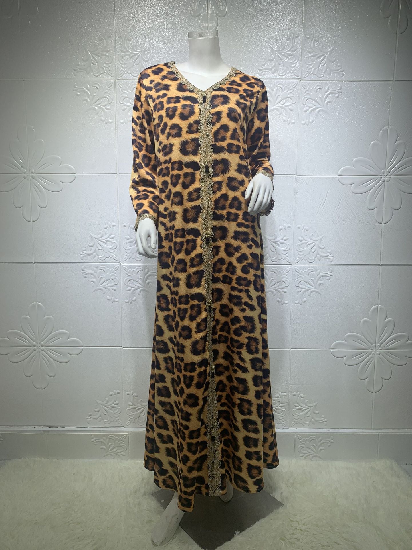 Jalabiya Leopard Print Maxi Dress Women Lace Patchwork Loose Arabic  Muslim Islamic Clothing