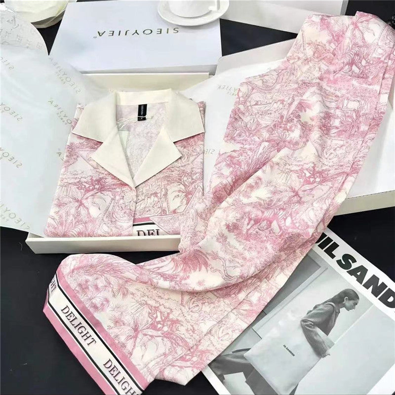 Pajamas women's autumn new long-sleeved cardigan ice and snow silk same style suit ice silk home service