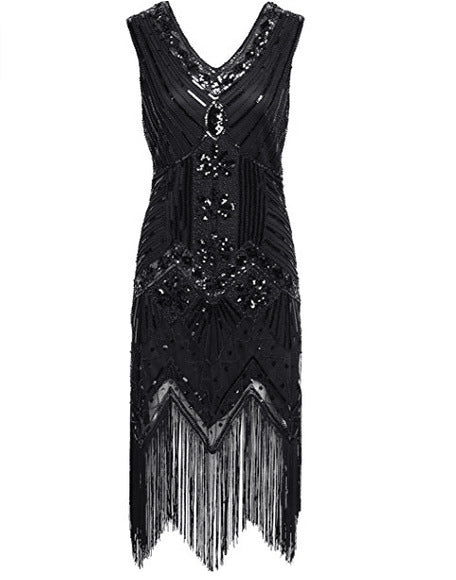 Hot selling new retro style sequined beaded dress front and back V-neck fashion fringe dress