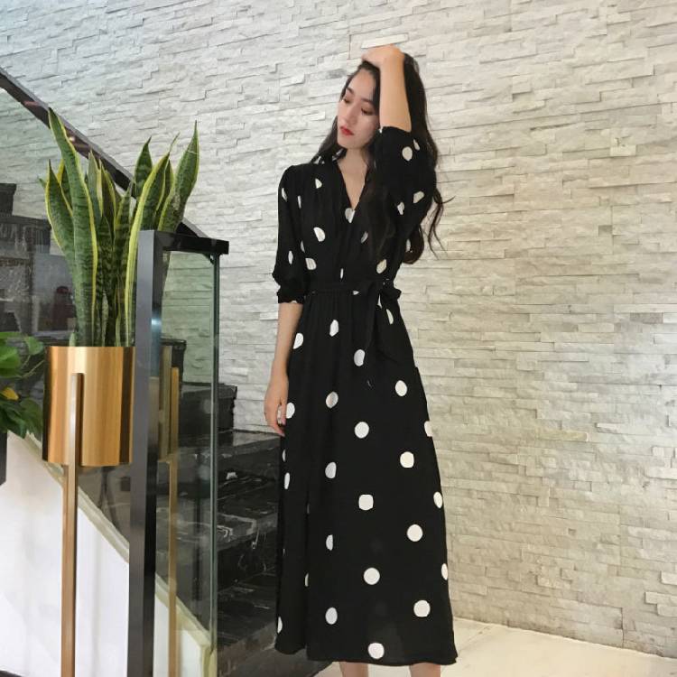 Boho New Summer Maxi Dress Clothes Vintage Slim French Retro Hepburn Wind Black Polka Dot Long Robe Korean Style Fashion