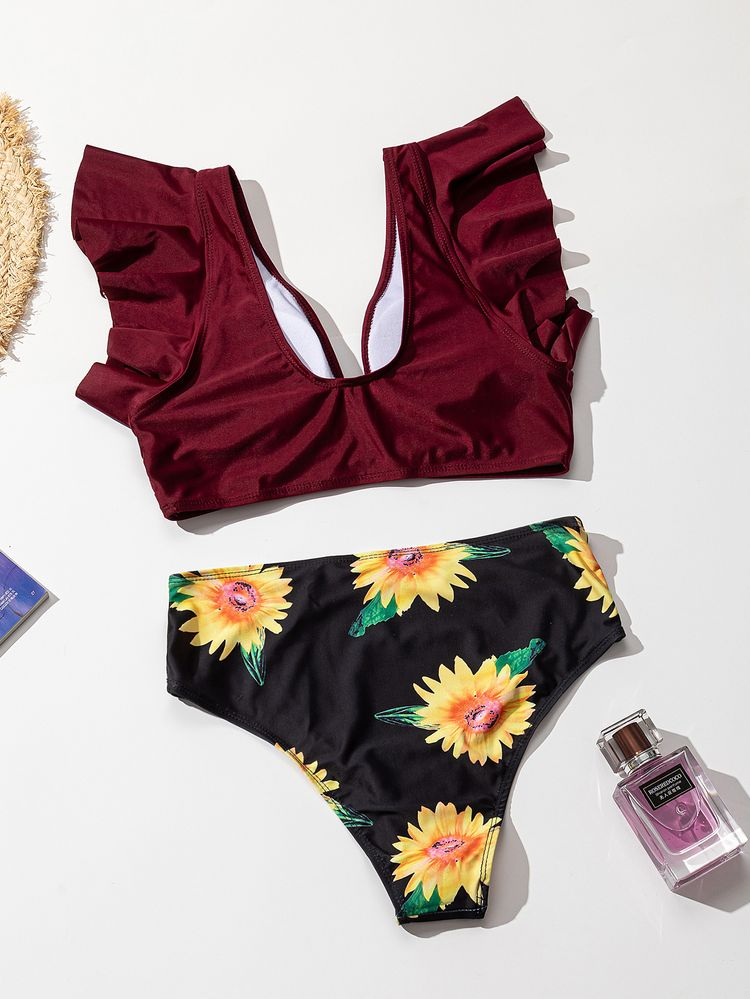 ملابس سباحة بكيني من قطعتين بخصر عالٍ، 9 ألوان مكشكشة