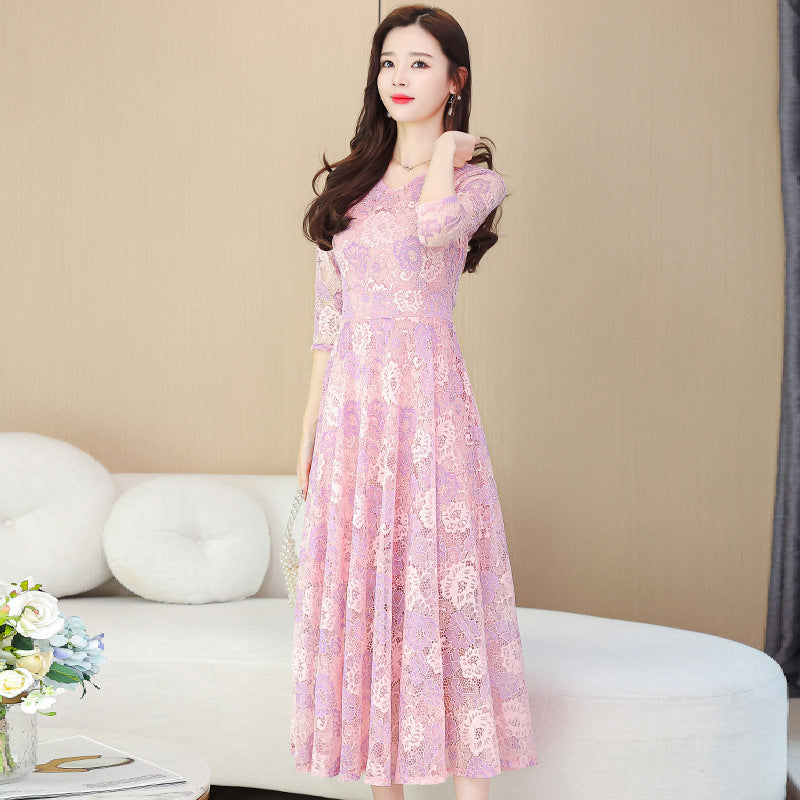 Hot sale new lace jacquard dress women spring new temperament waist slimming v-neck long  skirt women's dress