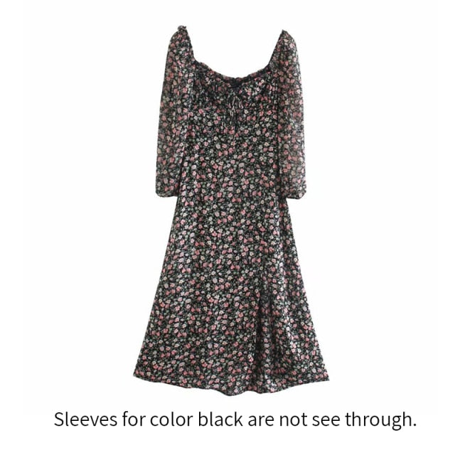 فستان ربيعي عتيق بأكمام طويلة وأزهار خضراء للنساء للخريف والشتاء فستان طويل ماكسي 2021 فستان بوهو مطبوع عليه أوراق الشجر أسود