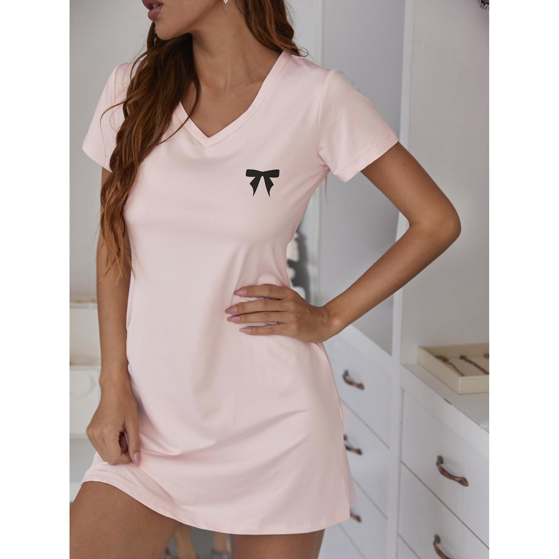Home nightdress European and American pink solid color bow one-piece short skirt summer V-neck home service