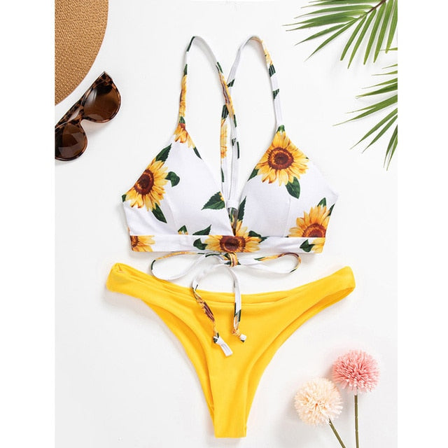 Sunflower Printed Bikini Set Sexy Swimwear Women Mujer Push Up Padded Biquini Bathers Bandage Bathing Suit Swimsuit Bikini