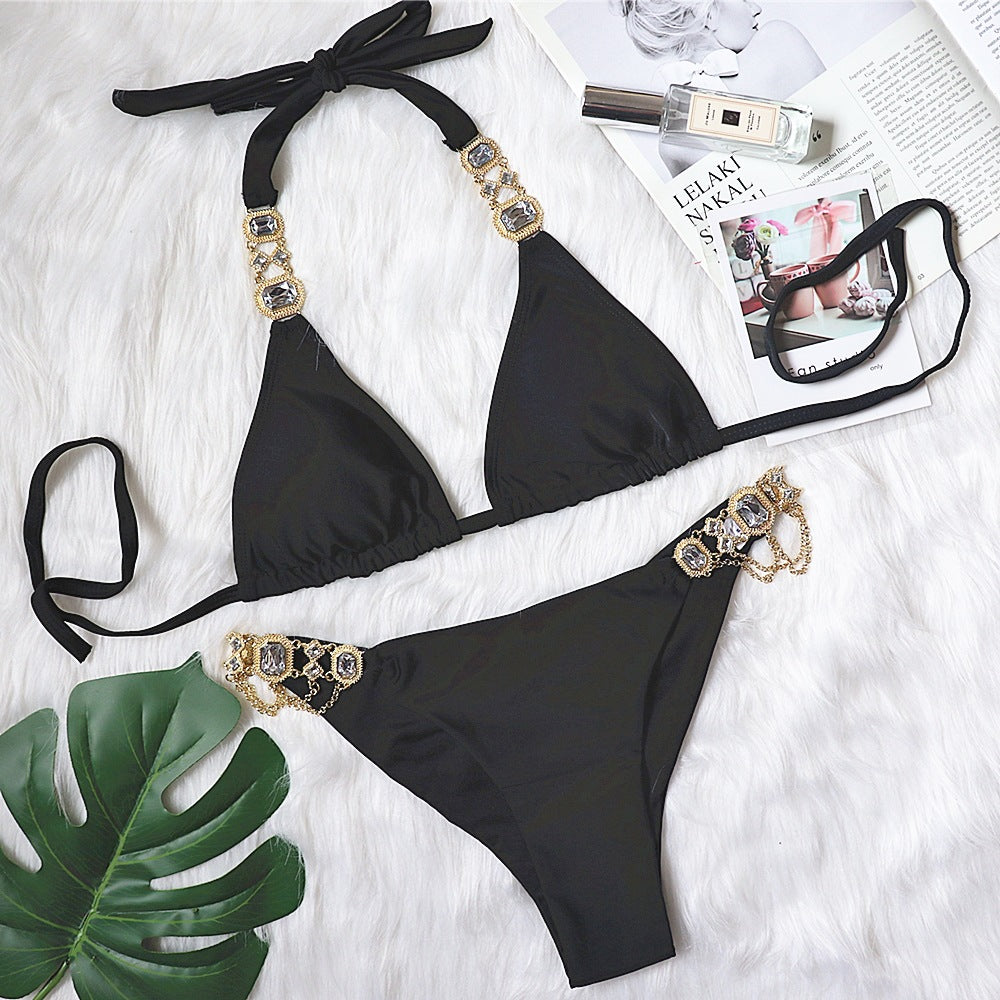 Explosive Crystal Diamond Bikini New European and American Bandage Plain Women's Split Swimsuit Gold Accessories Swimwear