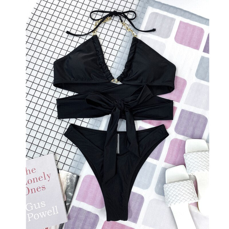 New Chain Halter Bikinis Sets Women's Swimwear 2022 Sexy Backless Cross  Swimsuits Female Swimming Bathing Suits Beachwear