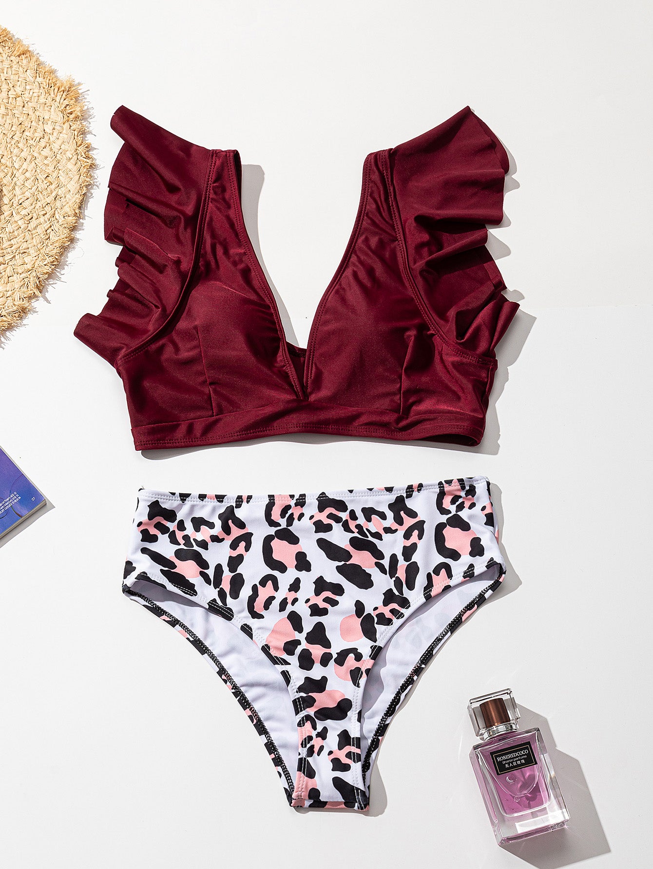 ملابس سباحة بكيني من قطعتين بخصر عالٍ، 9 ألوان مكشكشة