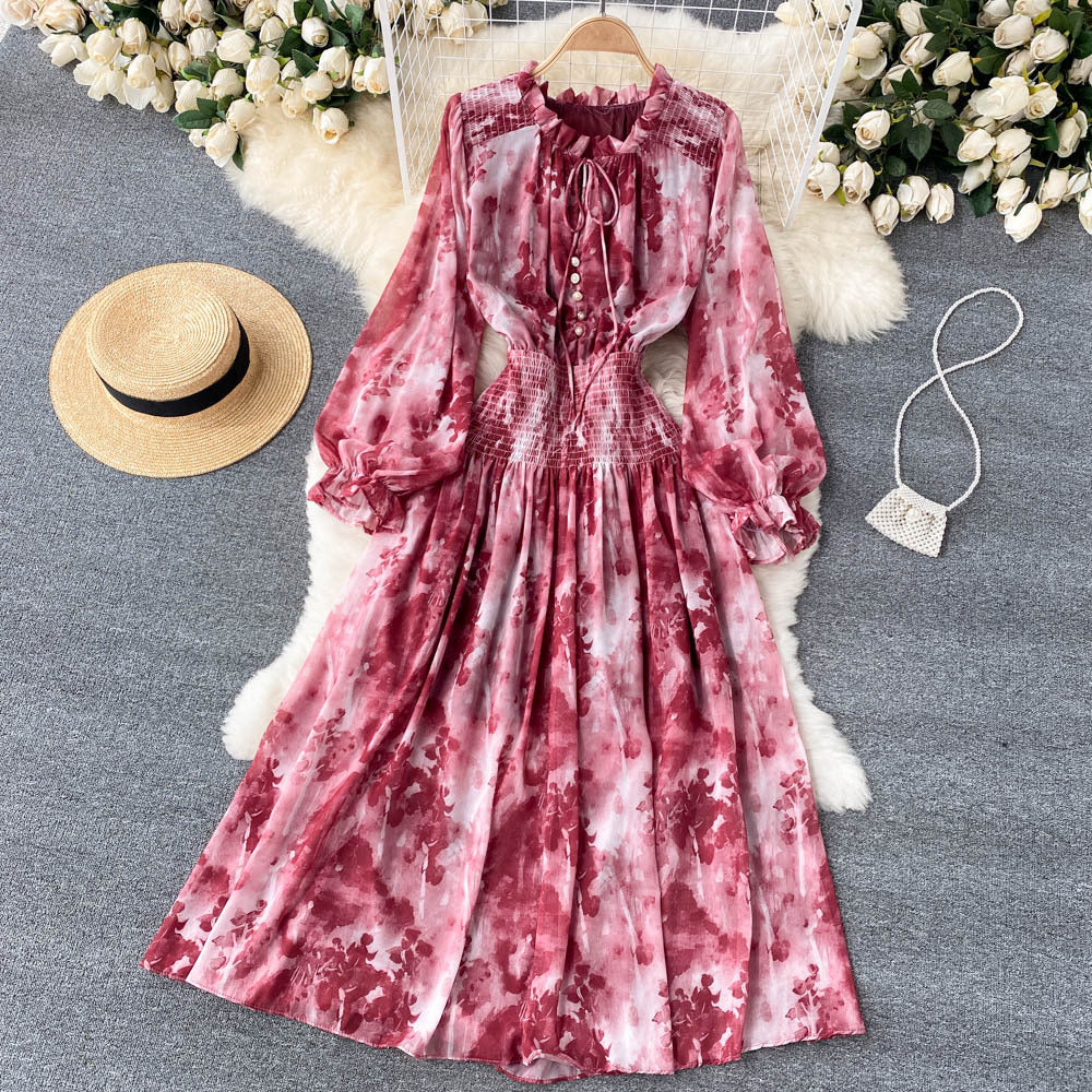 Celebrities' high-end women's clothing elegant printed French dress with slim waist and puff sleeves super  big  long skirt