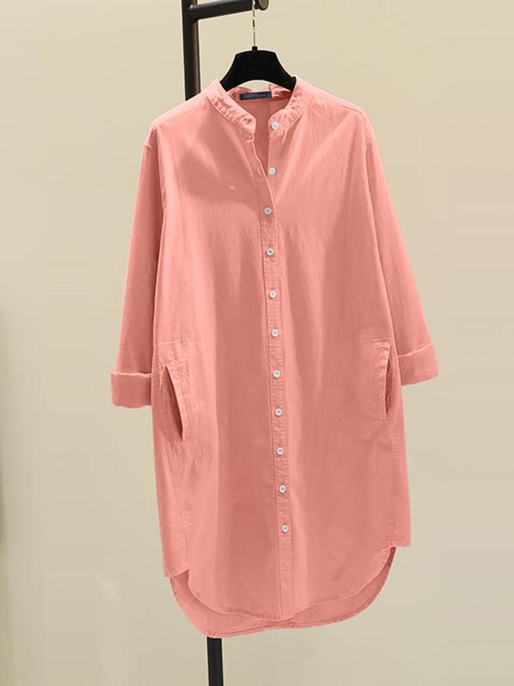 Women Solid Long Tops White Lapel Blusas Fashion Cotton Linen Blouse OL Tunic ZANZEA Casual Baggy Shirts