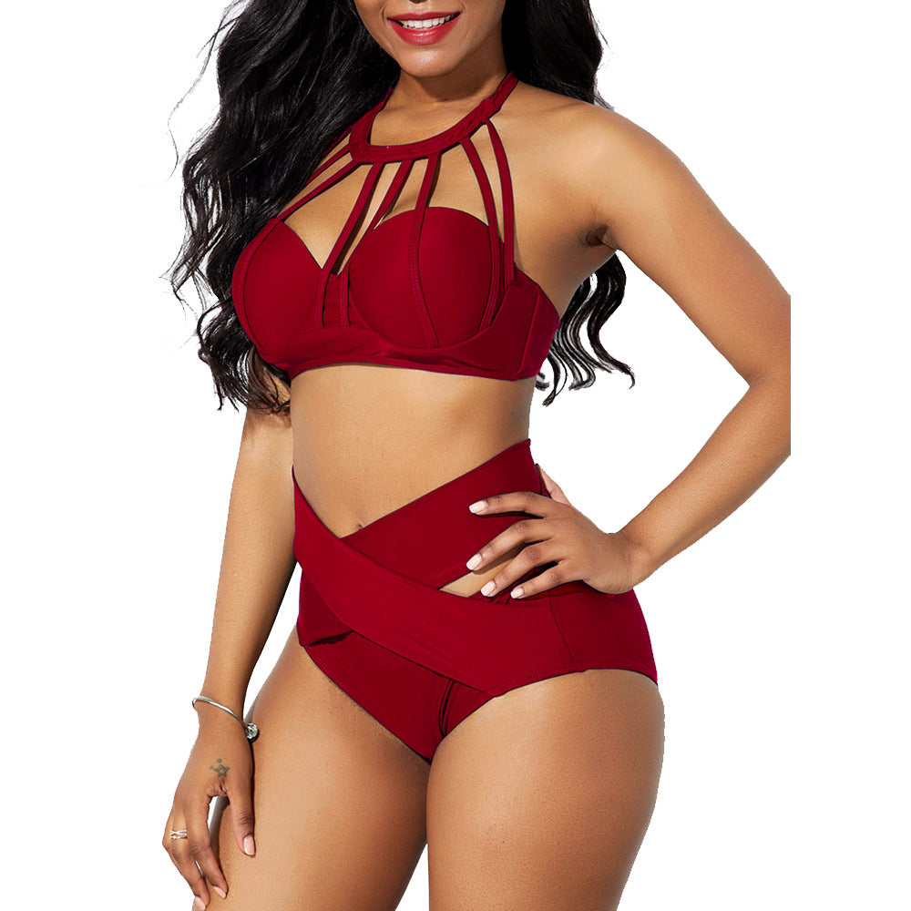 European and American hot-selling women's high-waist solid color cage neck cross bikini split suit with chest pad