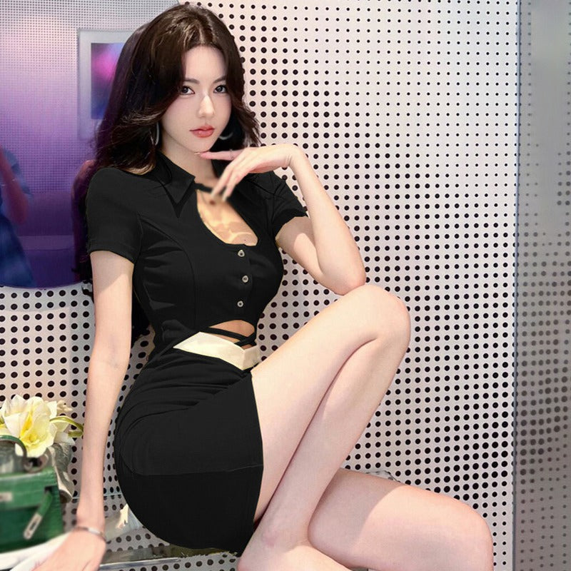 Women Two Piece Sets  Knitting Ribbed Fashion Short Sleeve Casual Bodycon Outfits Button Crop Top And Skirt Co-ord Set