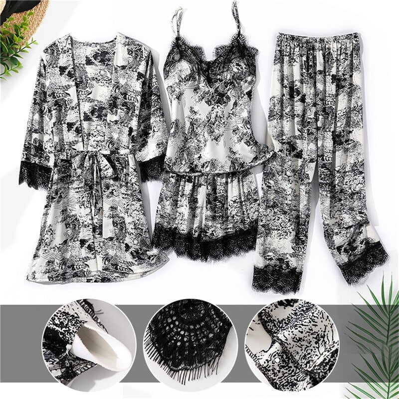 4pcs/Set New Sexy Lace Womens Kimono Pajamas Sets Robe Bath Gown Strap Top Shorts Sleepwear Lady Homewear Nightgown Suit Pijamas