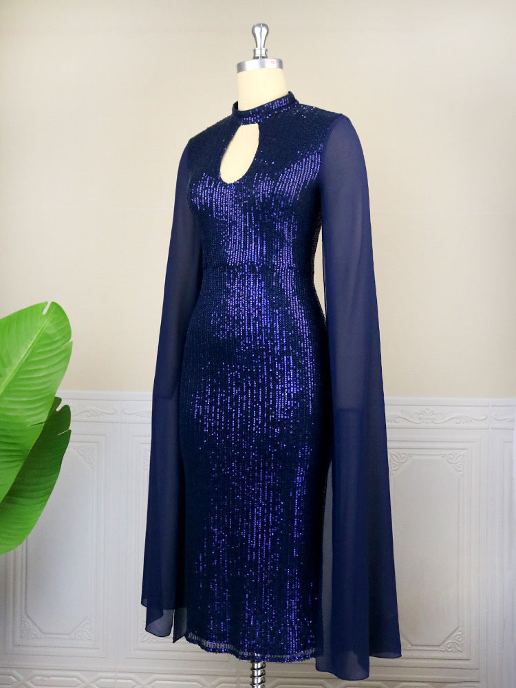 AOMEI Women Party Dress Sequin Glitter Evening Cloak Sleeve Stand Neck Cut Out Bodycon Shiny Vintage Classy Birthday Event Gowns