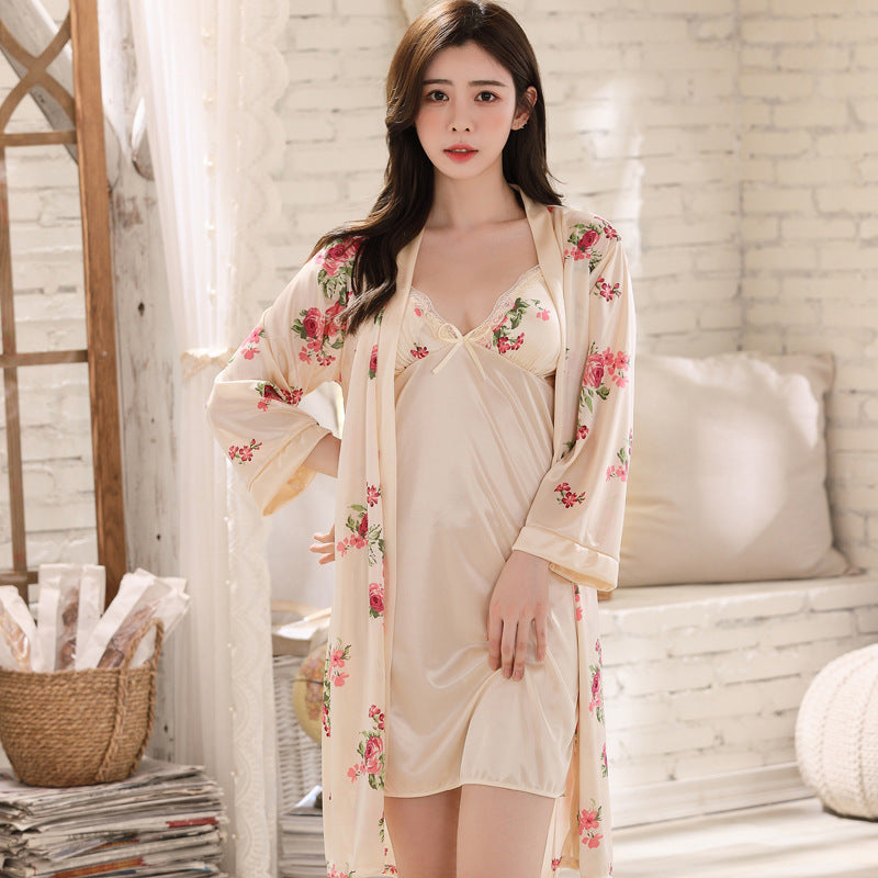 sleepwear Two-Piece set dress and robe Fashion Women Tops Blouses Plus Size Night Robe Satin Robes Women Sexy with Chest Pad Small Strap Pajamas