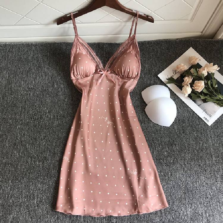 Summer Lace Dot Nightgown Women Thin  Out Ice Silk Strap Chest Pad Nightdress