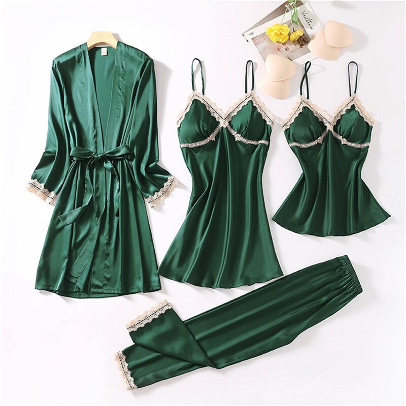 4pc  Silk Robe Sleep Suit Women'S Lace Chiffon Satin Pajamas Gown Set V-Neck Night Wear Pajama Home Nightwear Nightdress