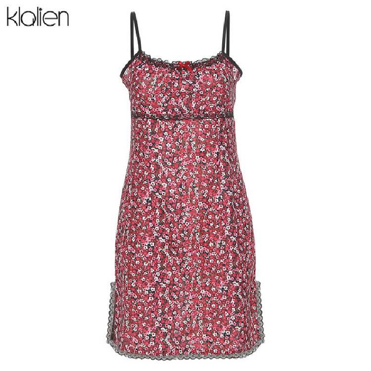 فستان قصير نسائي صيفي بوهو بحزام أحمر من KLALIEN فستان نسائي أنيق لطيف على طراز الكلية كاواي نحيف وناعم منقوش عليه زهور جديد 