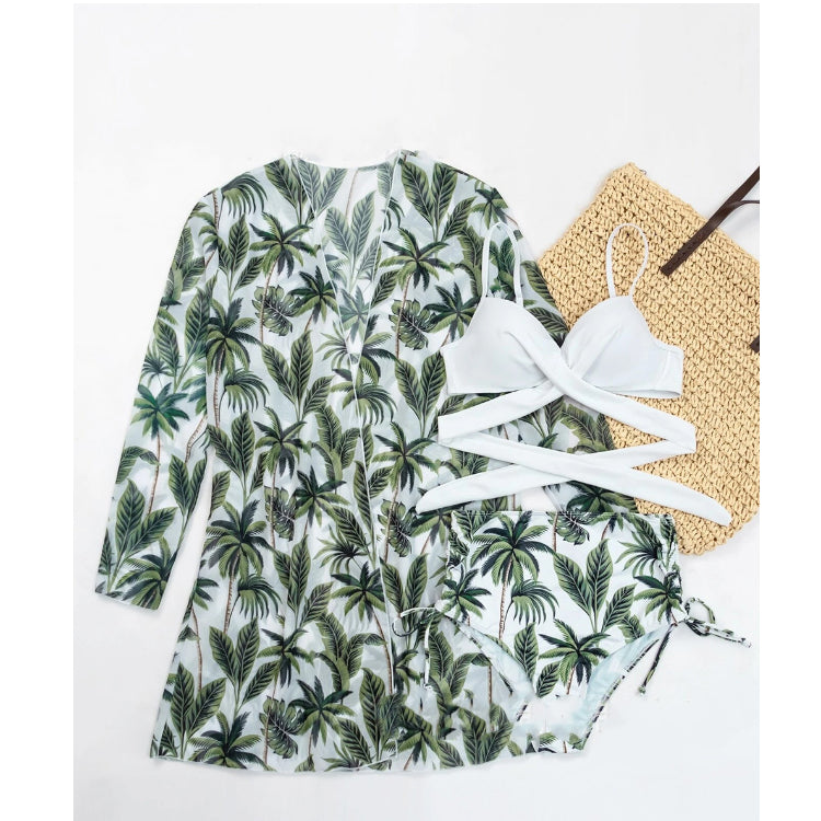 Three-piece mesh high-waist printing sexy gathered split swimsuit bikini