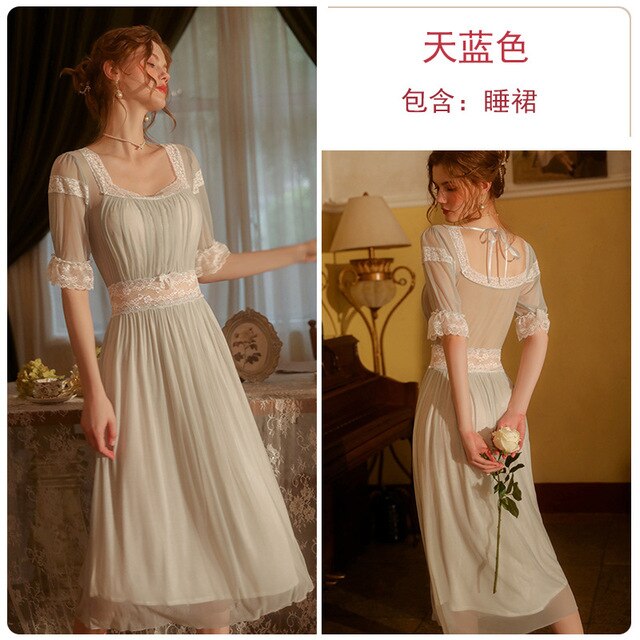 Women Retro Short-sleeved Nightdress Sweet Mesh Lace Long Nightgowns Girls Sexy Lingerie European Court Style Sleepwear Dress