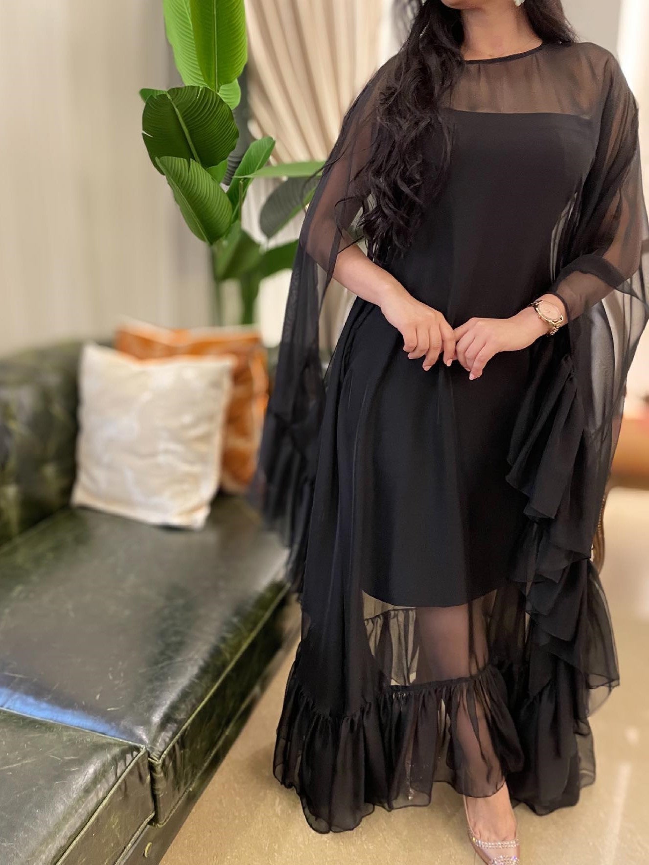 Black Sheer Elegant Chiffon Skirt Ruffled Dress