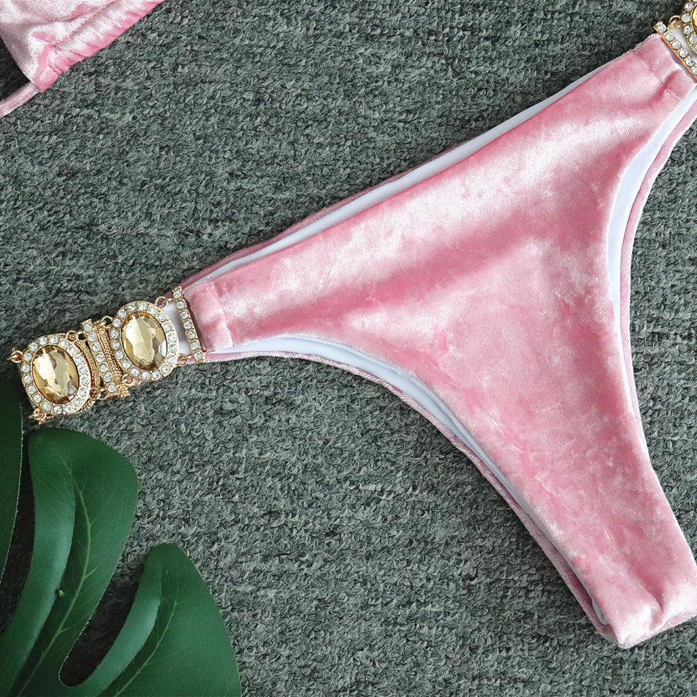 Pink Gold Velvet Women's Split Swimsuit Sexy Crystal Diamond Bikini