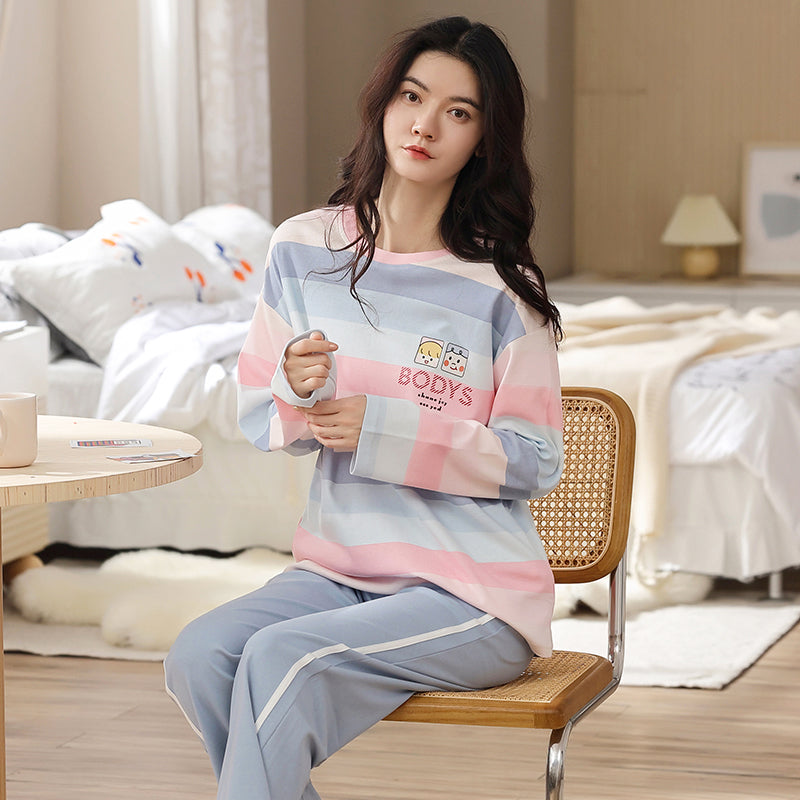 Pajamas women's spring and autumn cotton long-sleeved trousers  casual cute  plus size home service two-piece suit can be worn outside