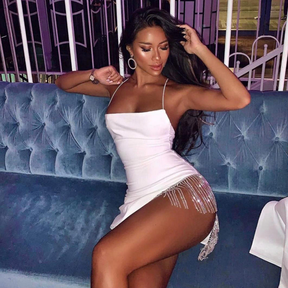 Tassel Solid Strapless Sleeveless Patchwork Bodycon Dress New Summer Fashion Elegant Senior Club Party Mini Dress