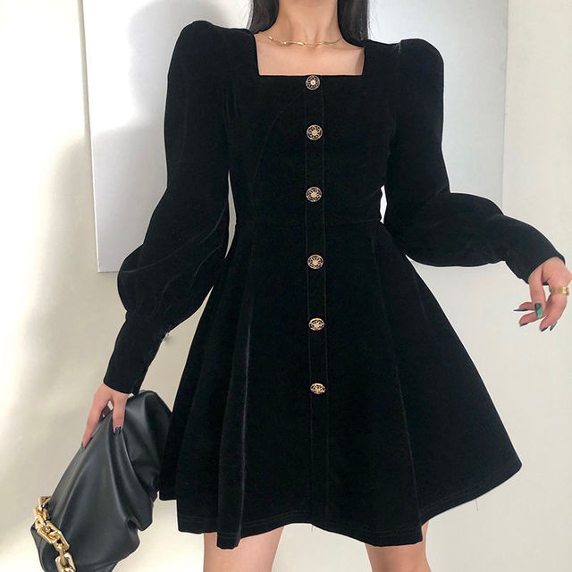 Z Black Dress Women Velvet New Mini A-line Button Long Sleeves Elegant Vintage Square Neck Slim Sturdy French Ladies Vest 2.16