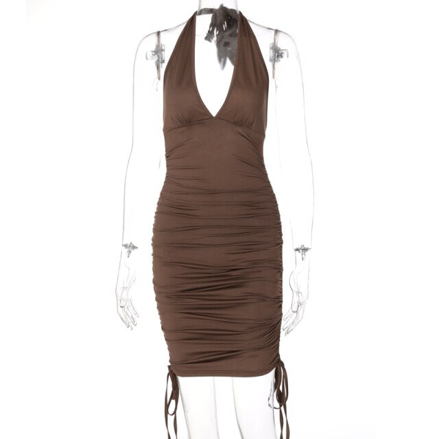 Solid Women Halter Mini Dress Drawstring Ruched V Neck Backless Bodycon Sexy Streetwear Party Club Elegant 2021 Summer